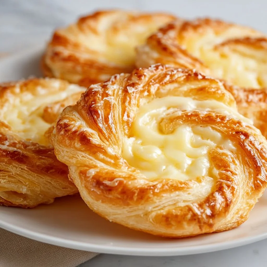 Easy Puff Pastry Cheese Danish topped with icing on a rustic table.