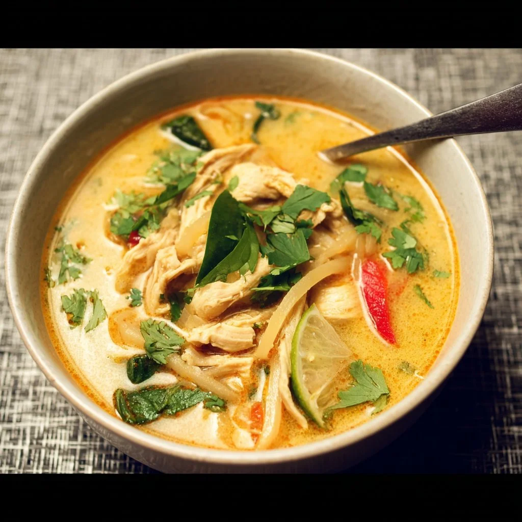 Bowl of Easy Thai Chicken Curry Soup garnished with fresh herbs and lime