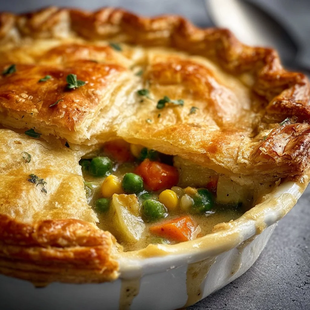 Delicious easy vegetarian pot pie with colorful vegetables and flaky crust.