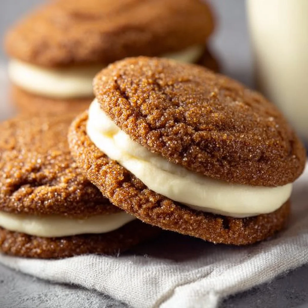 Ginger Molasses Sandwich Cookies with Eggnog Frosting on a festive plate