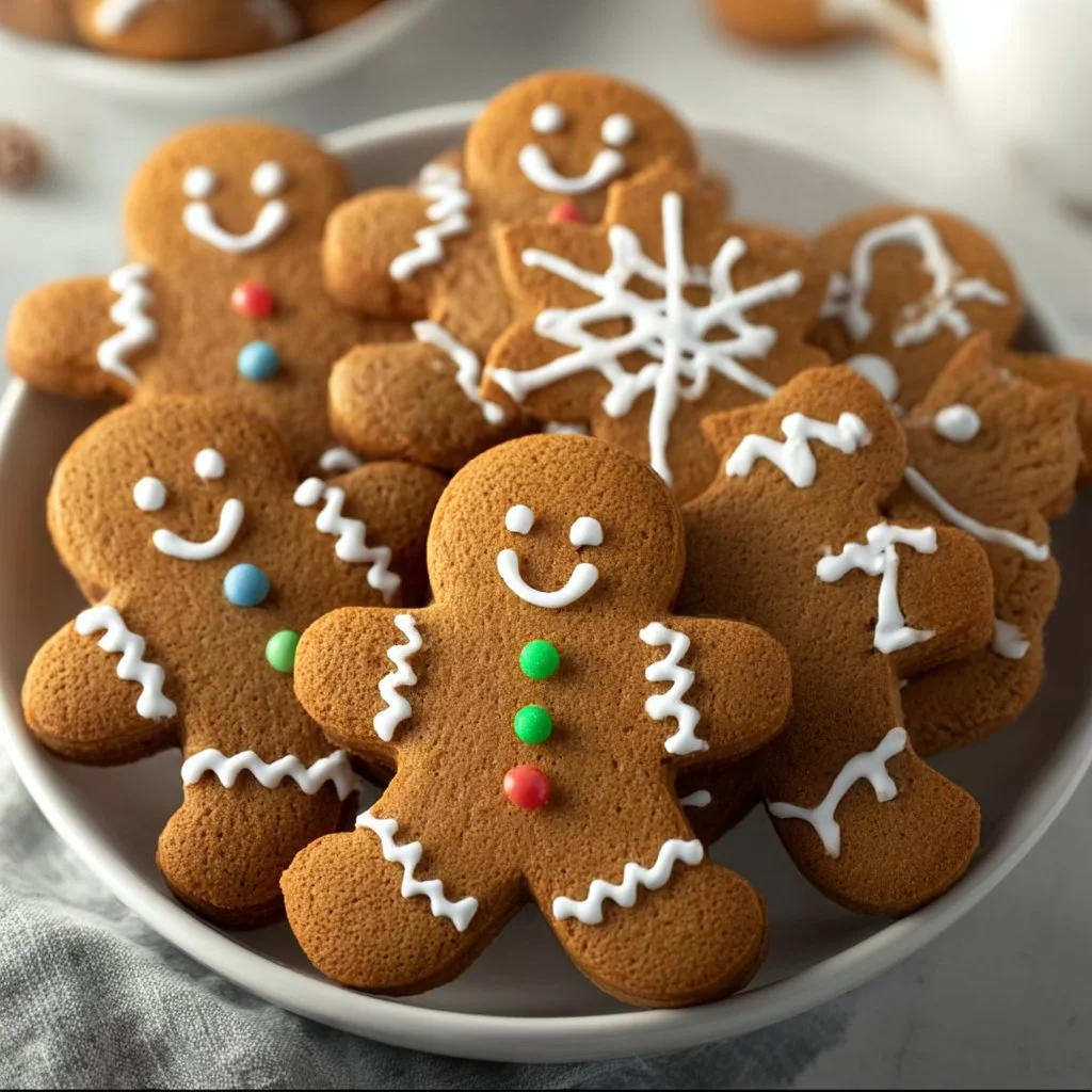 Freshly baked gingerbread cookies decorated with icing on a festive plate