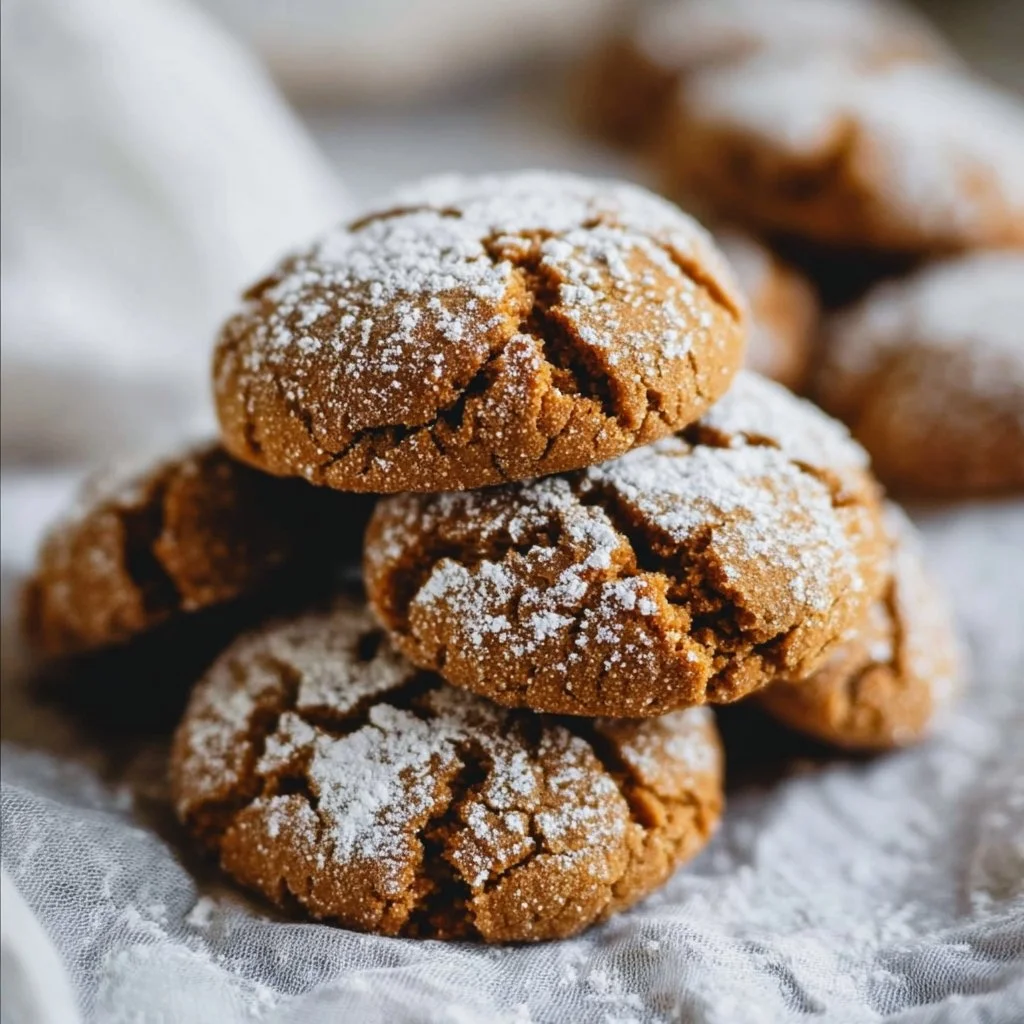 Baked gingerbread crinkle cookies dusted with powdered sugar on a rustic plate