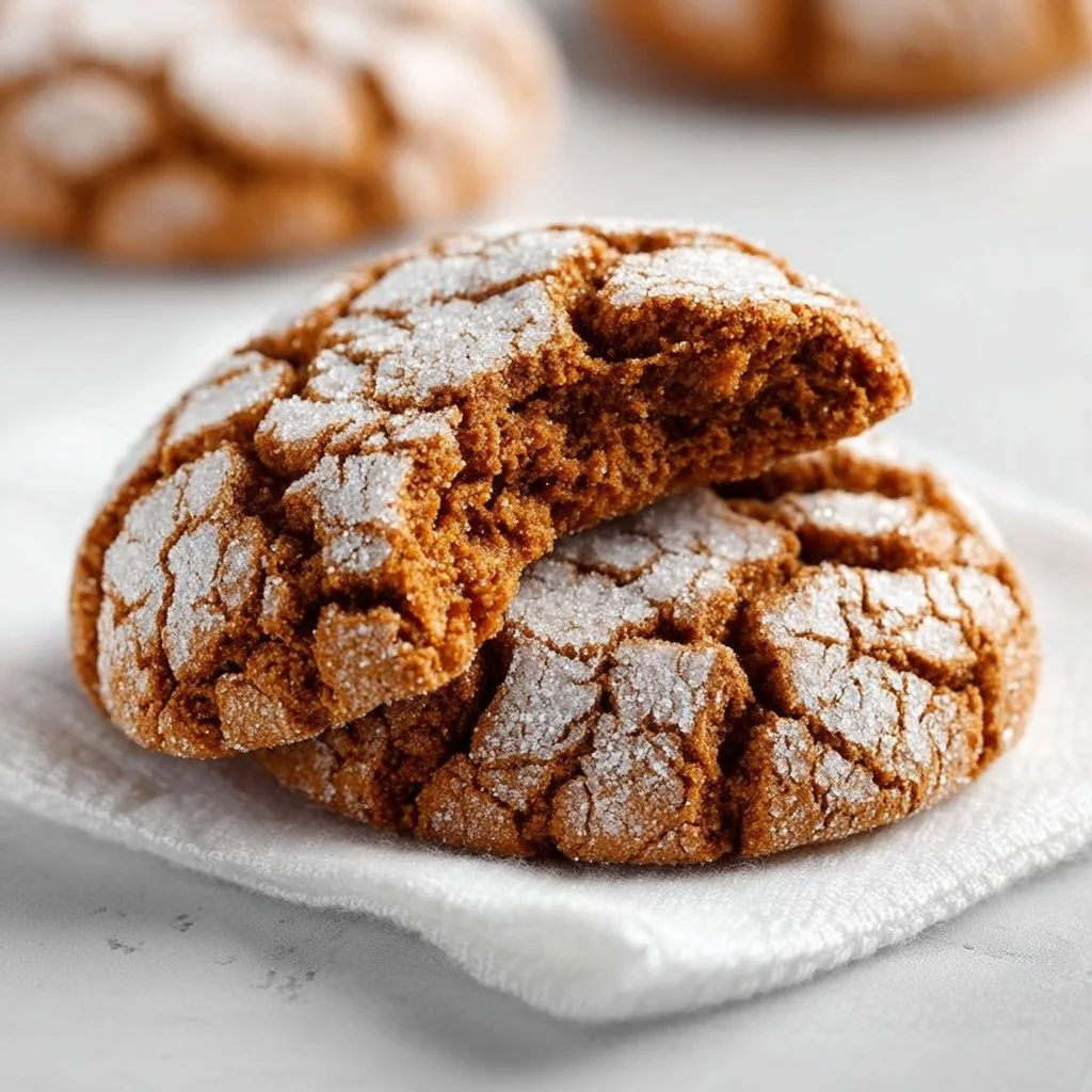 Batch of freshly baked Gingerbread Crinkle Cookies with powdered sugar coating