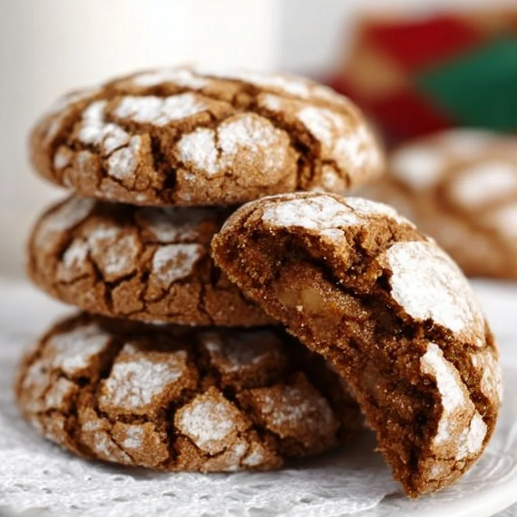 Freshly baked Gingerbread Crinkle Cookies dusted with powdered sugar.