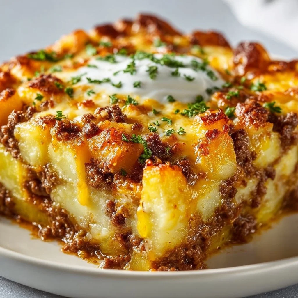 Ground beef and potatoes casserole baked to perfection