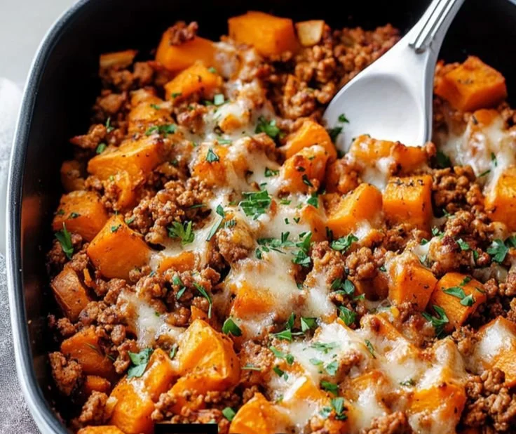 Ground Turkey Sweet Potato Bake topped with cheese and herbs in a casserole dish