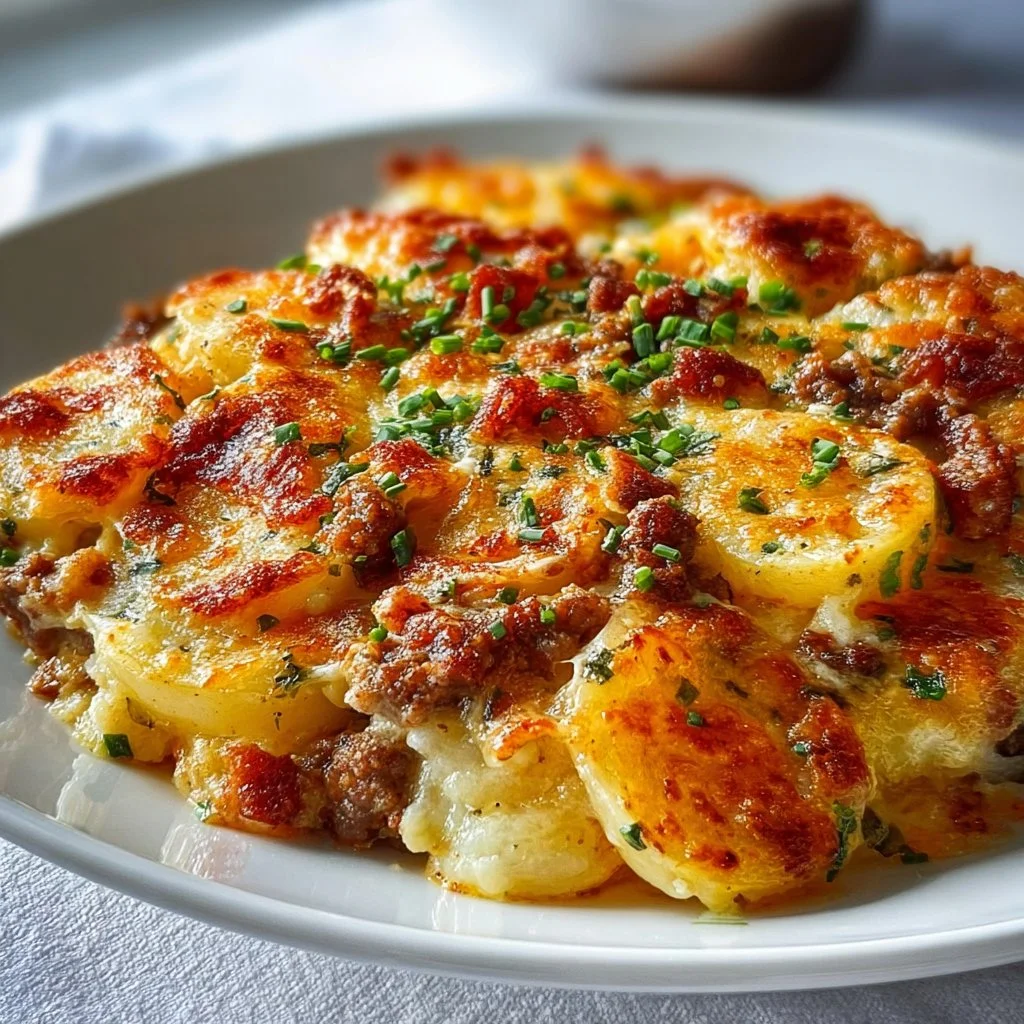 A hearty Hamburger Potato Casserole served in a baking dish, garnished with herbs.