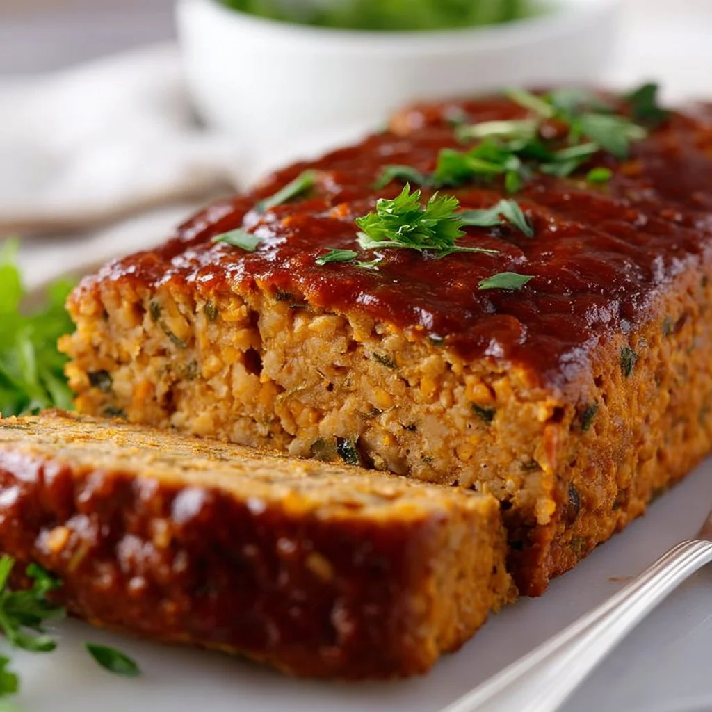 Healthy chickpea meatloaf served with fresh vegetables