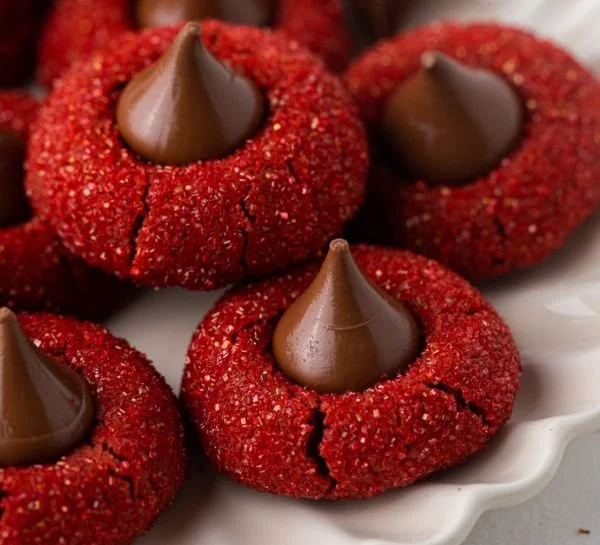 Delicious Hershey's Red Velvet Blossoms cookies with a chocolate center.