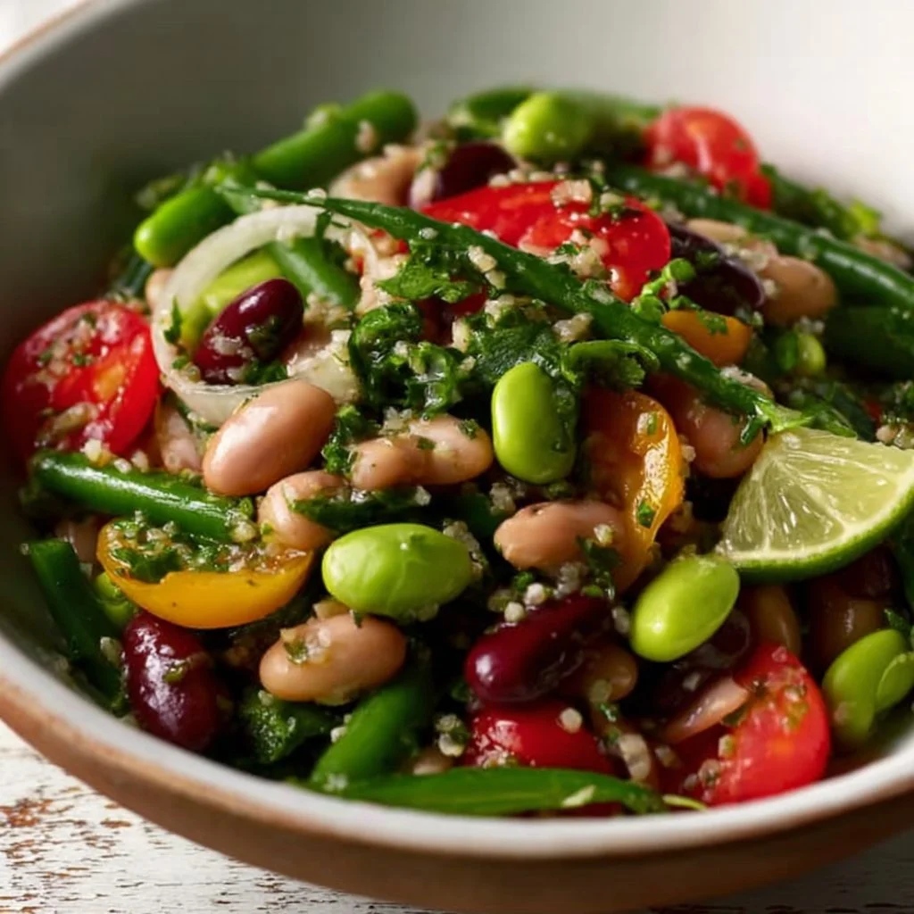 Colorful high protein bean salad with various beans and veggies
