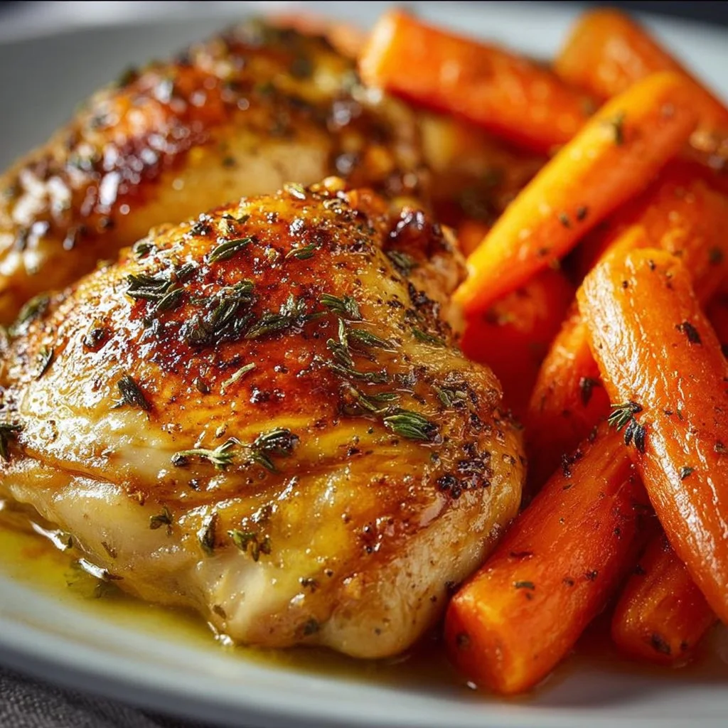 Honey Dijon Baked Chicken served with roasted carrots on a plate.