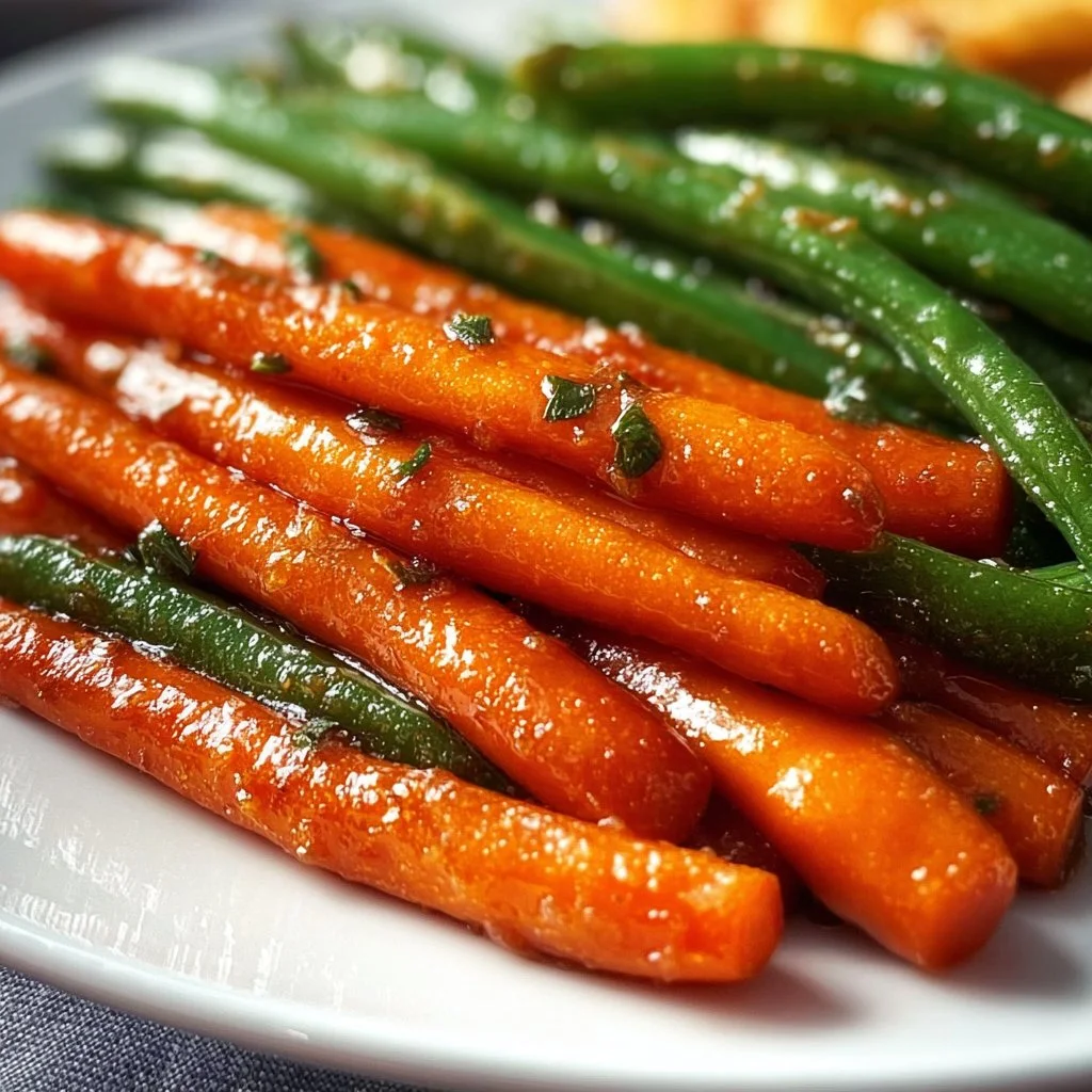 Honey glazed carrots served with green beans on a white plate
