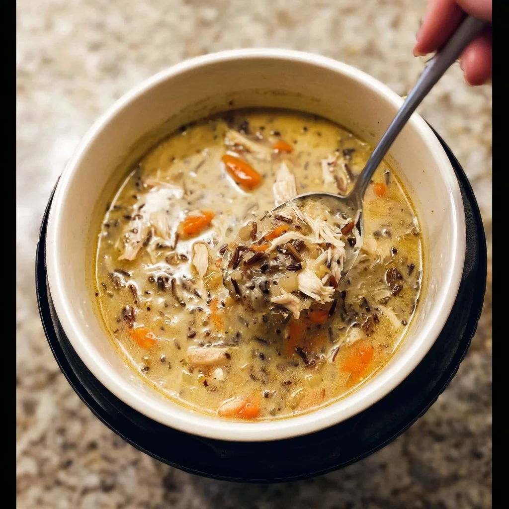 Bowl of Instant Pot Chicken Wild Rice Soup garnished with fresh herbs.