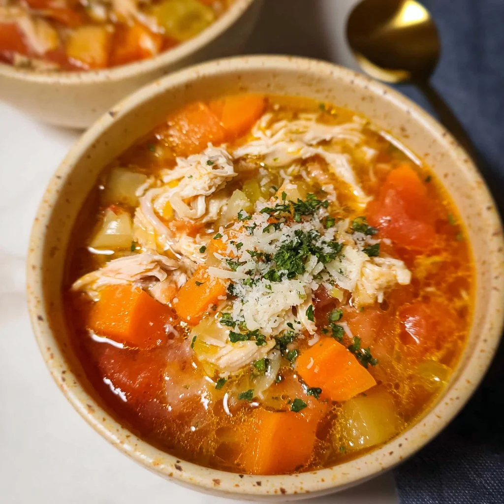 Bowl of comforting Italian Chicken Soup with vegetables and herbs