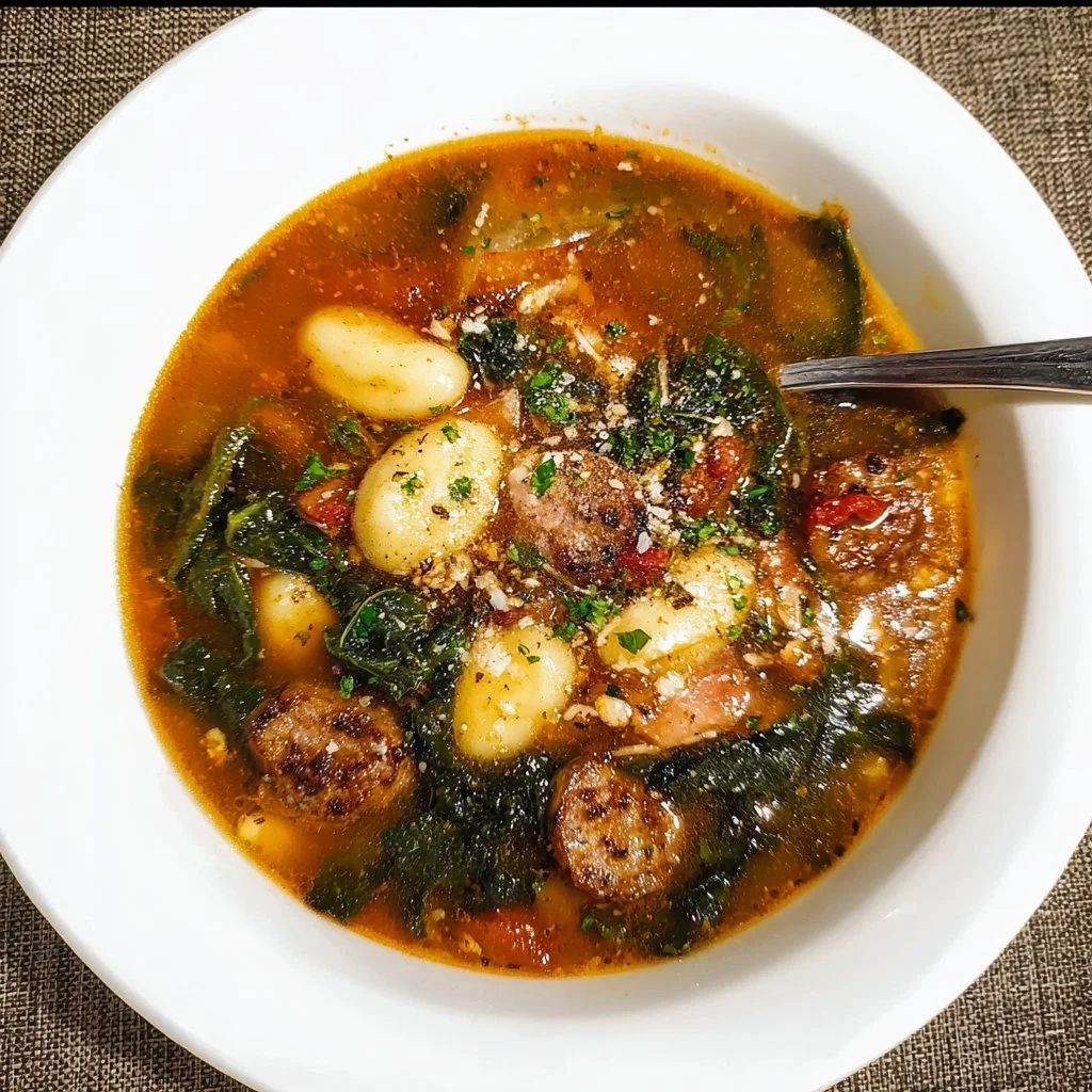 Italian gnocchi soup with kale and sausage in a rustic bowl