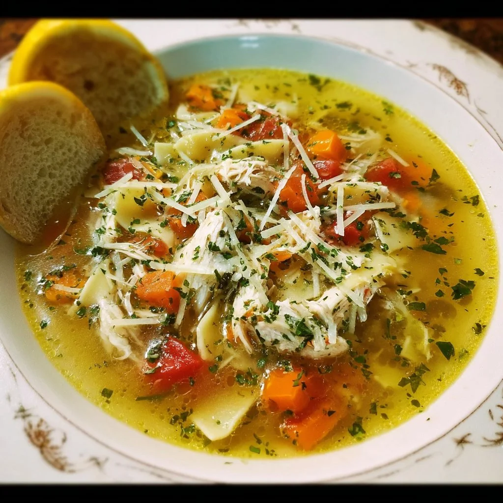 Delicious bowl of Italian lemon chicken soup garnished with herbs.