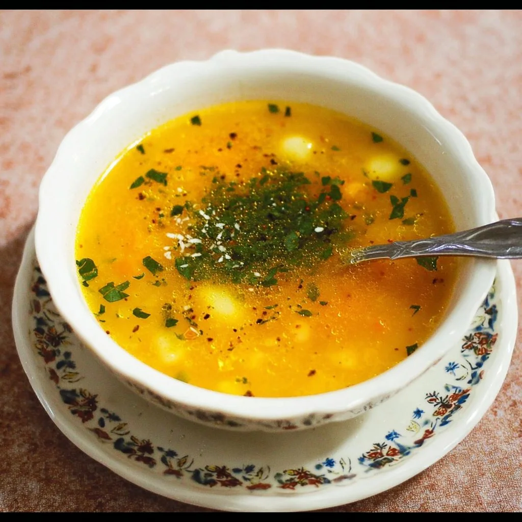 Bowl of Italian Penicillin Soup with fresh herbs and vegetables