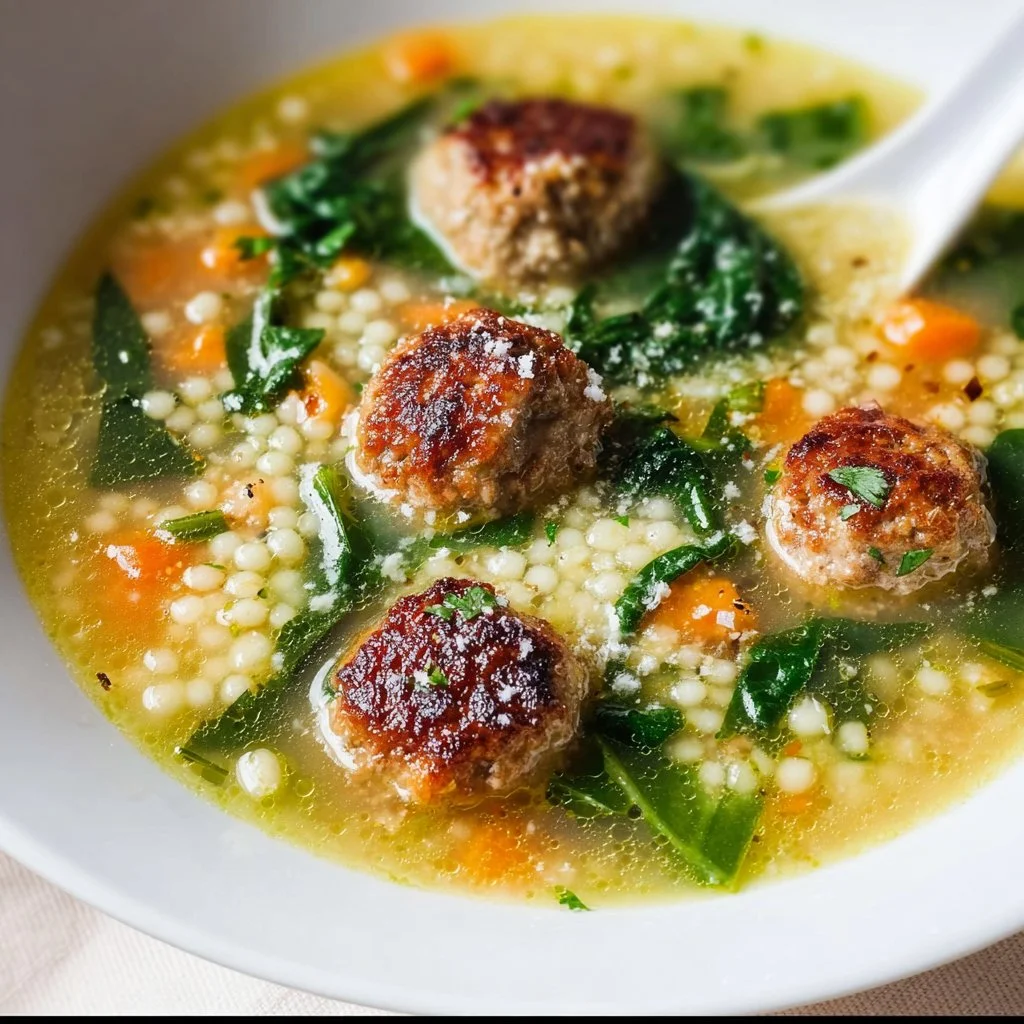 Bowl of Italian Wedding Soup with meatballs and greens