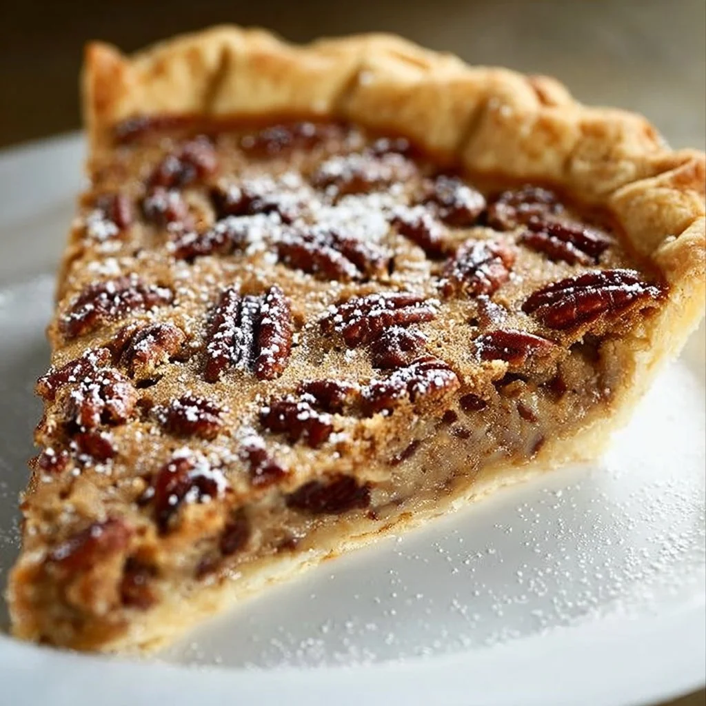 Delicious slice of Kentucky Pecan Pie topped with pecans and syrup