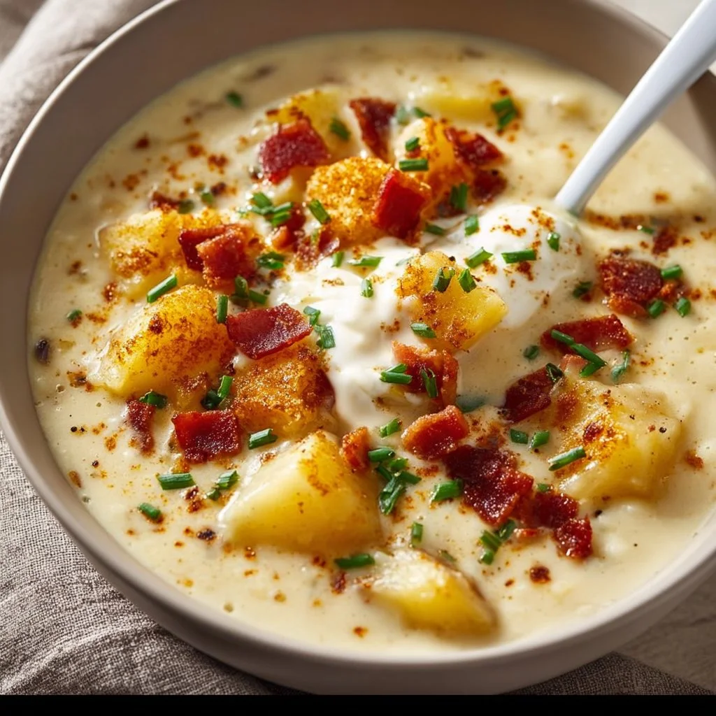 Delicious loaded baked potato soup topped with cheese and chives