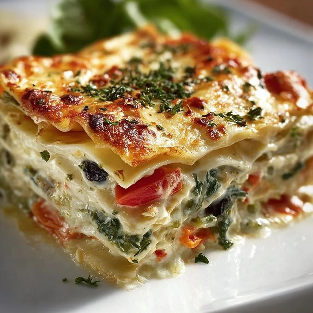 Loaded Veggie White Lasagna with layers of vegetables and creamy sauce