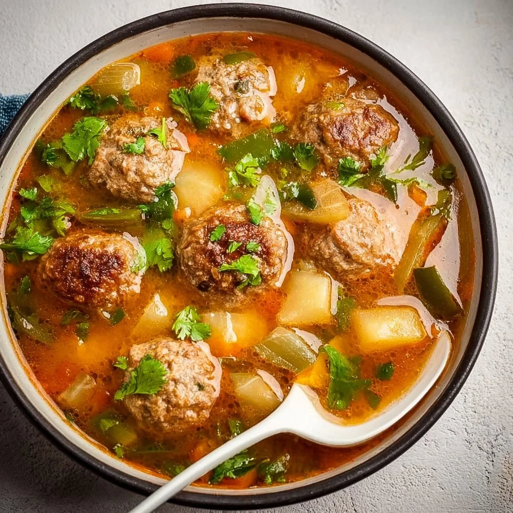 Bowl of Mexican meatball soup garnished with herbs and spices