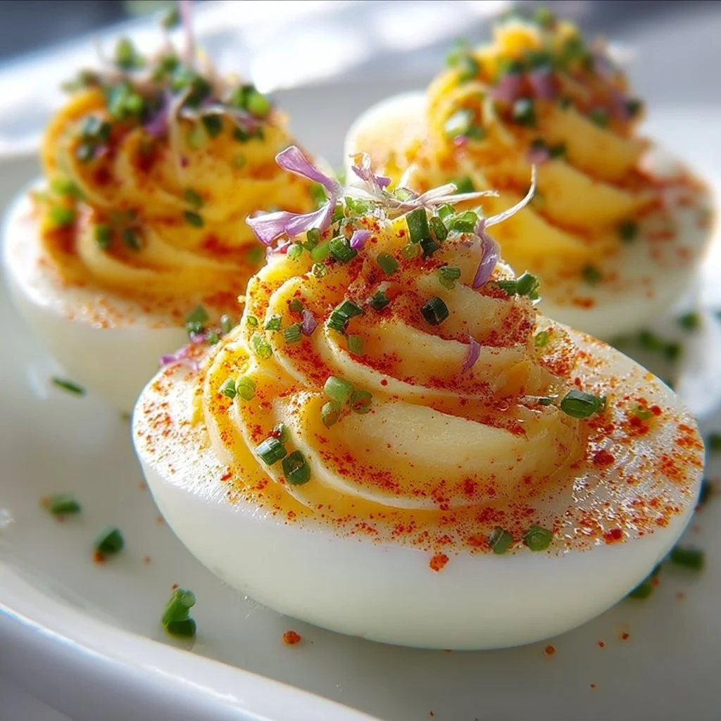 Plate of Million Dollar Deviled Eggs topped with paprika and herbs.