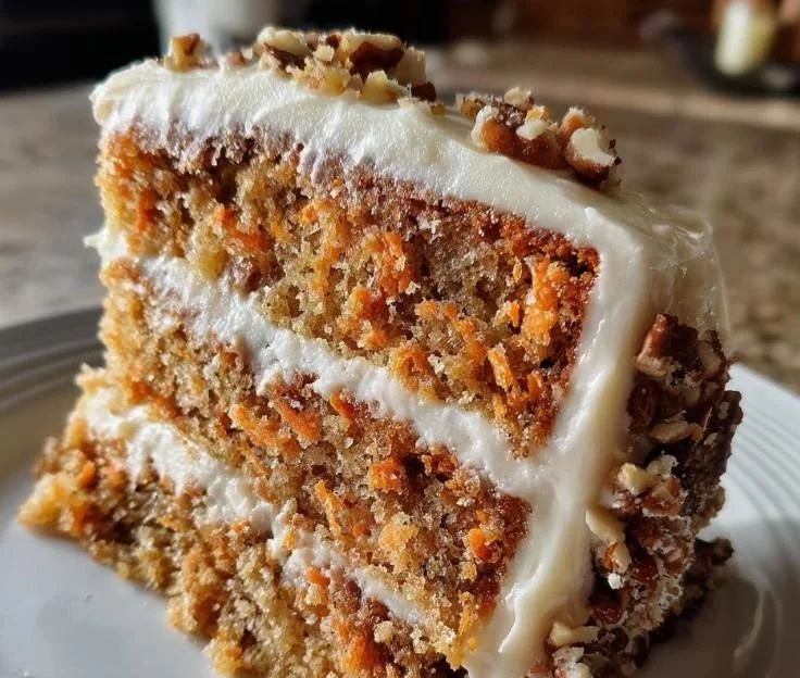 Moist classic carrot cake sliced, showcasing rich textures and toppings