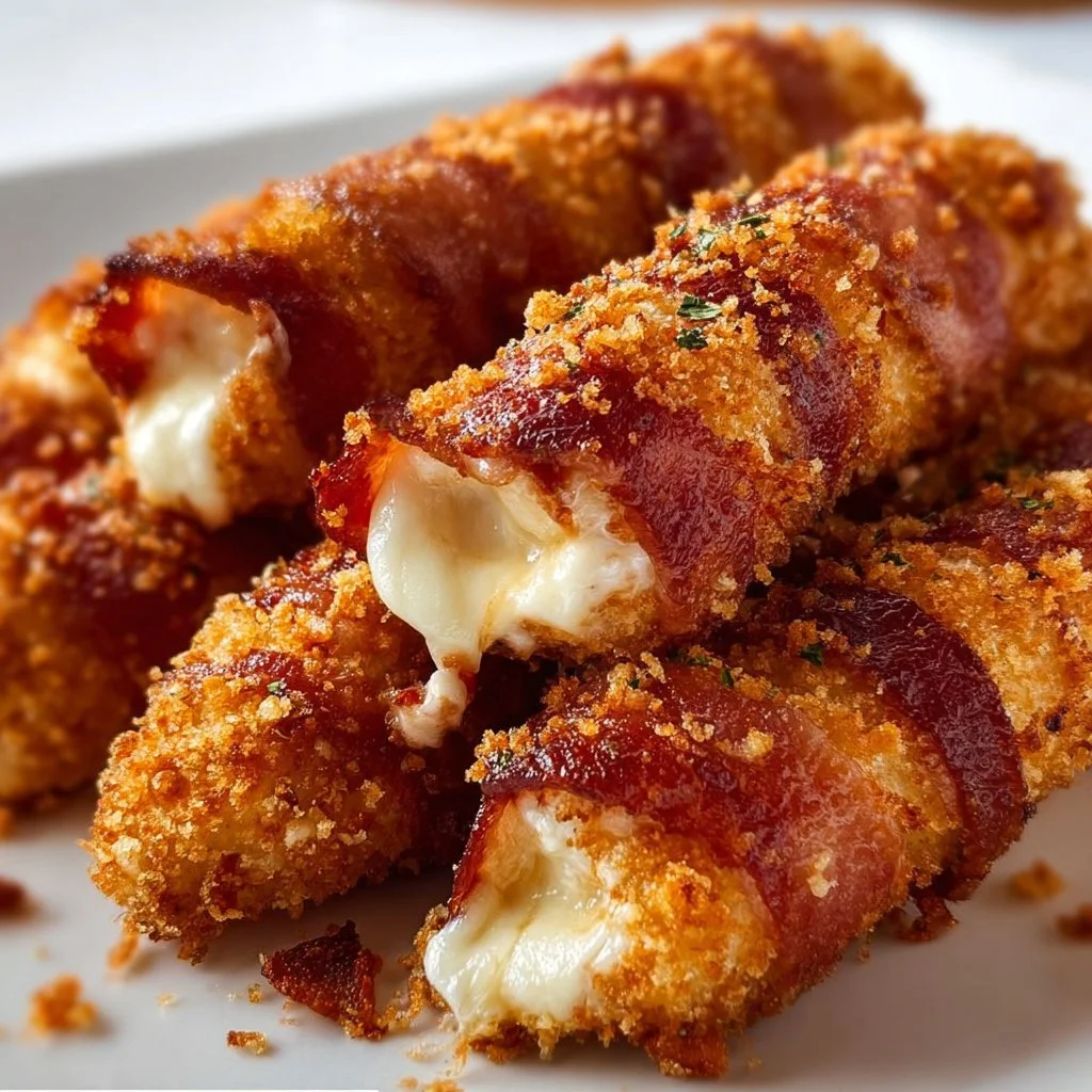 Nashville Hot bacon-wrapped mozzarella sticks with spicy seasoning on a plate.