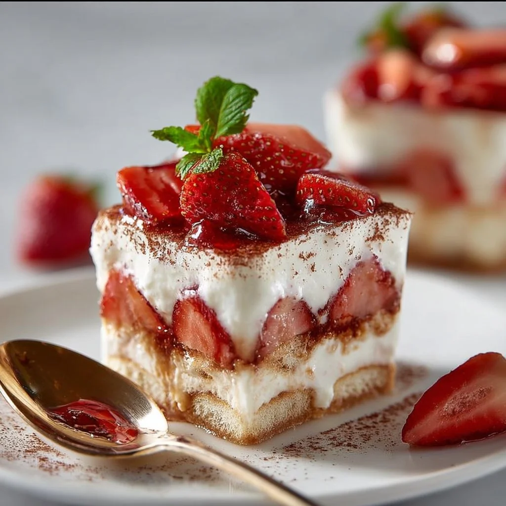 Delicious no-bake strawberry tiramisu dessert in a glass dish.
