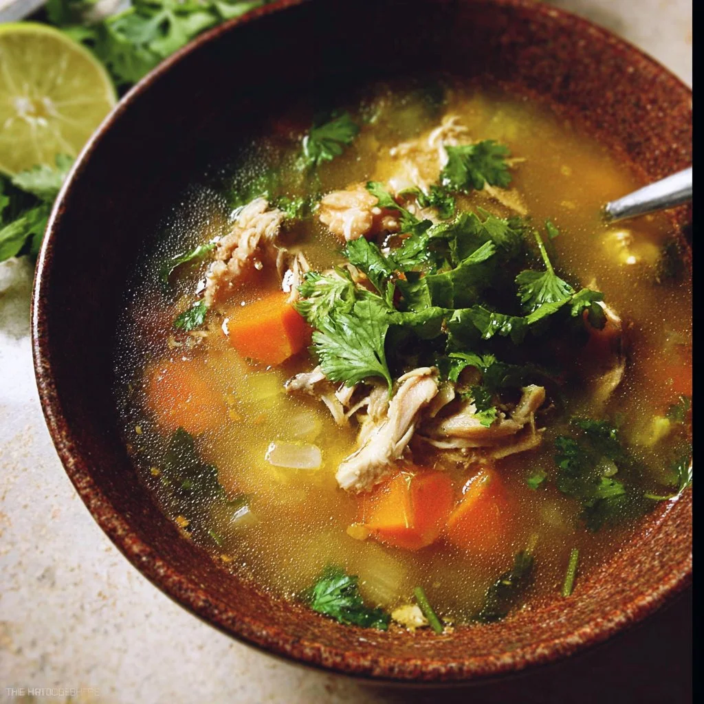 Bowl of nourishing Thai Chicken Bone Broth soup with herbs and spices