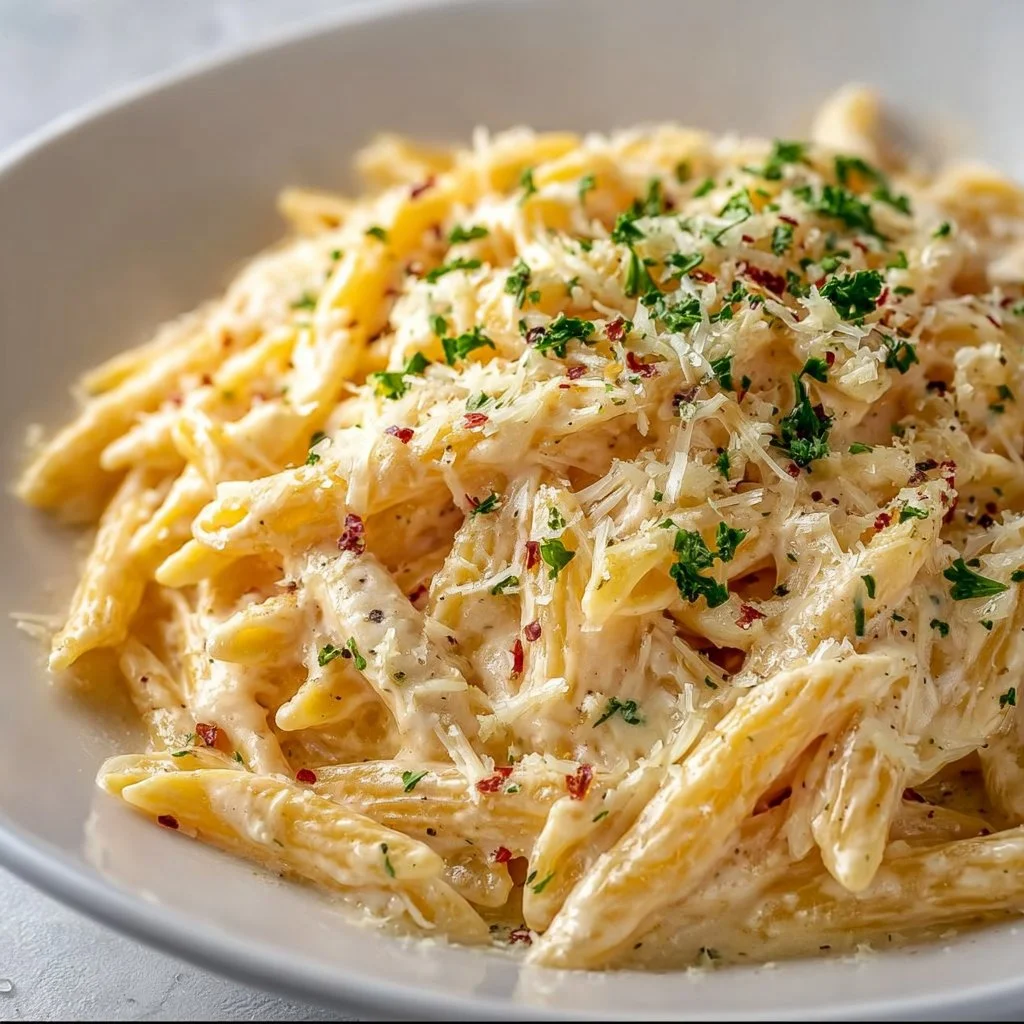 One Pot Creamy Garlic Pasta topped with fresh herbs and garlic
