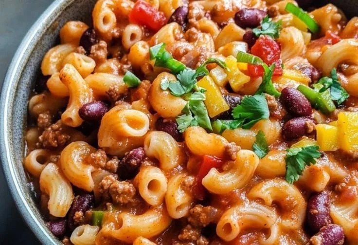 Bowl of one-pot vegan chili mac topped with fresh herbs