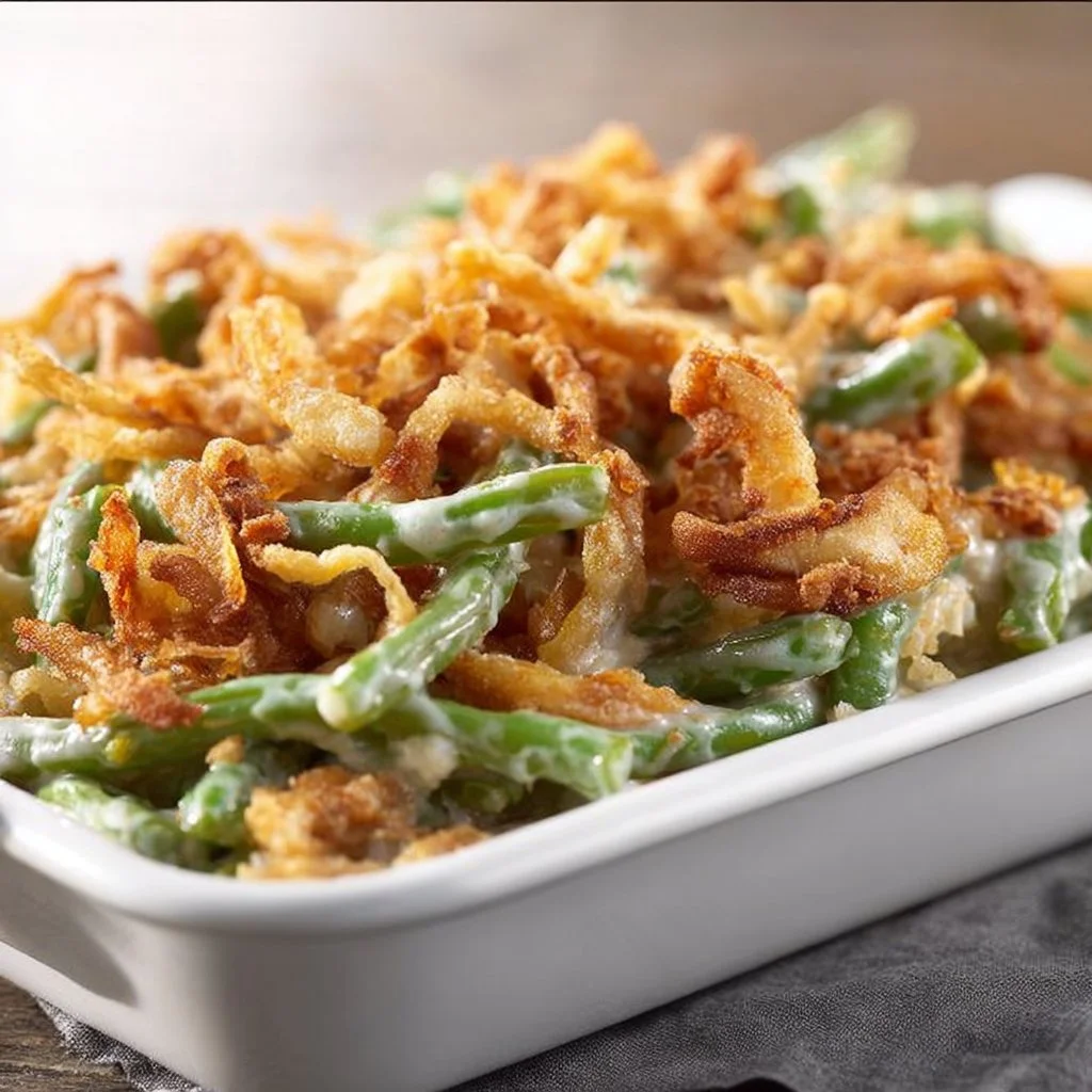 Delicious Paula Deen's Green Bean Casserole served in a baking dish.