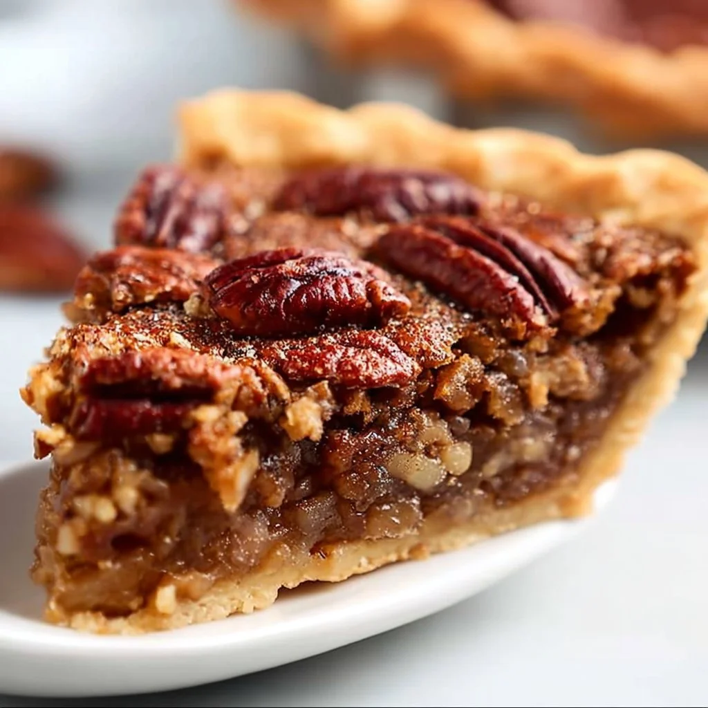 Delicious pecan pie without corn syrup on a rustic wooden table