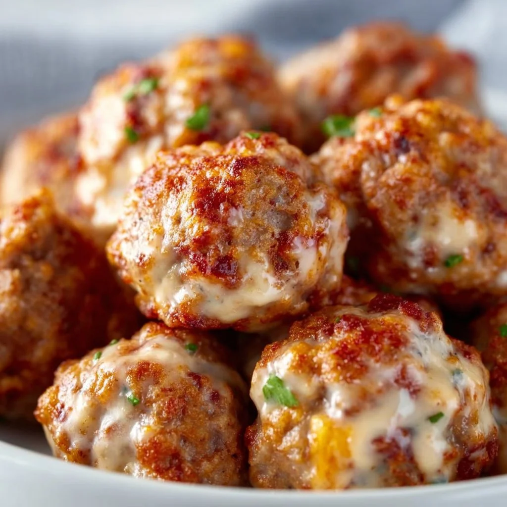 Deliciously baked sausage balls with cream cheese and Rotel