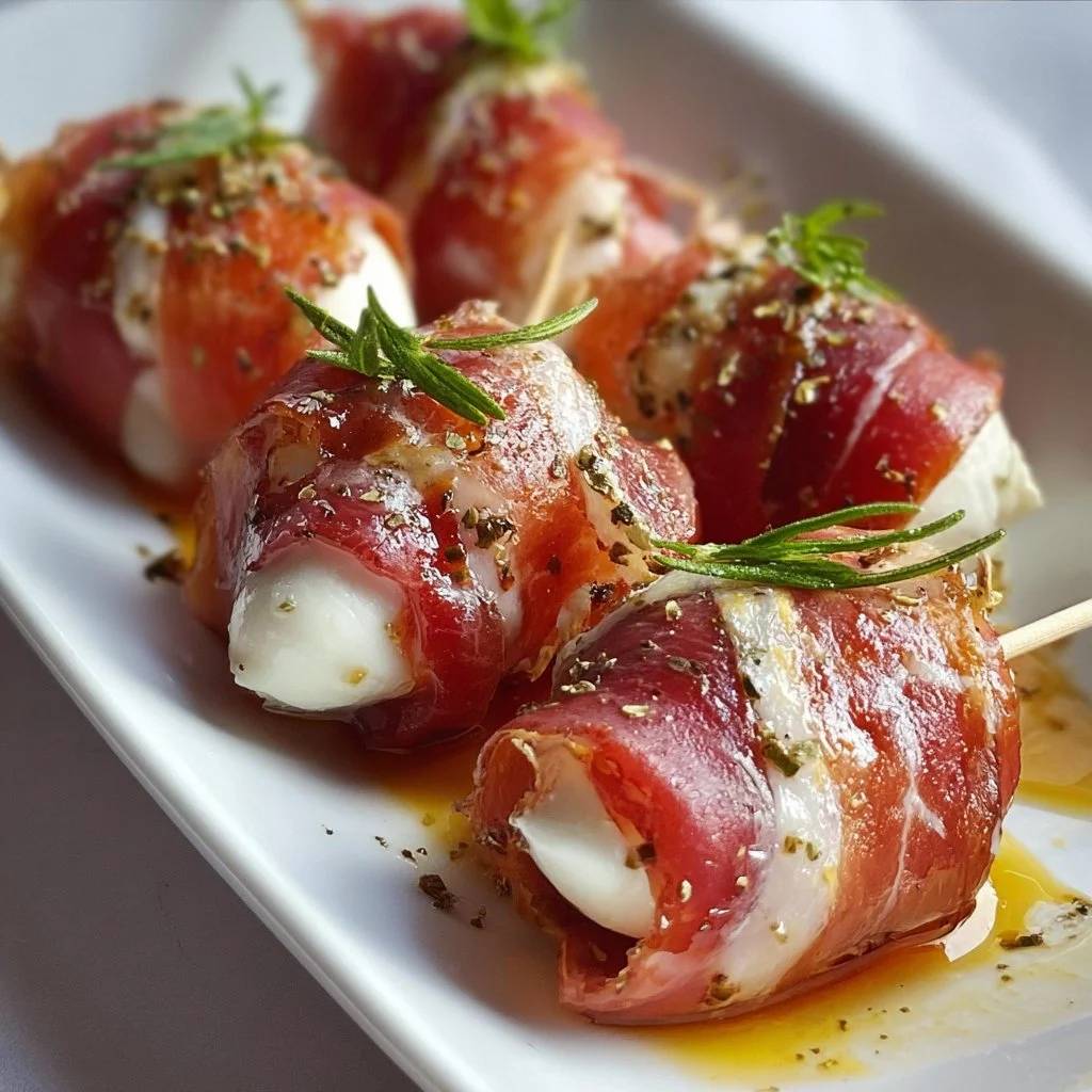 Delicious prosciutto wrapped mozzarella bites on a wooden platter.