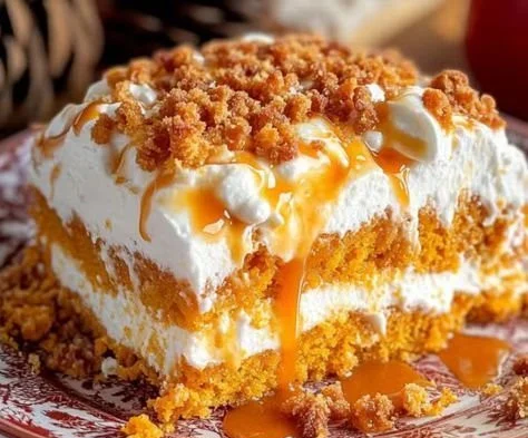 Delicious slice of Pumpkin Better Than Sex Cake topped with whipped cream.