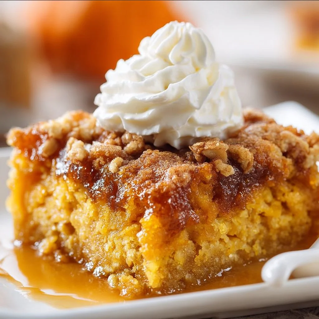 Delicious Pumpkin Dump Cake topped with whipped cream and spices