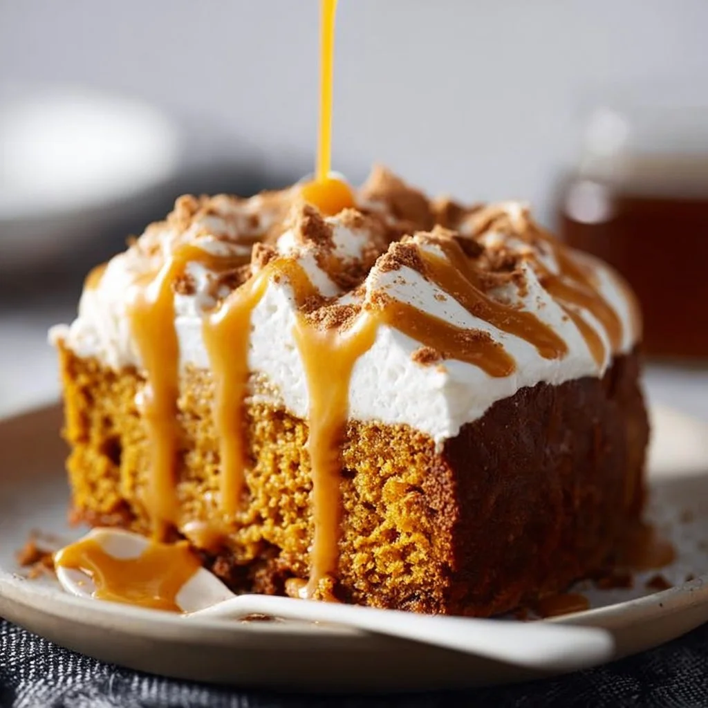 Delicious homemade Pumpkin Spice Cake topped with cream cheese frosting.