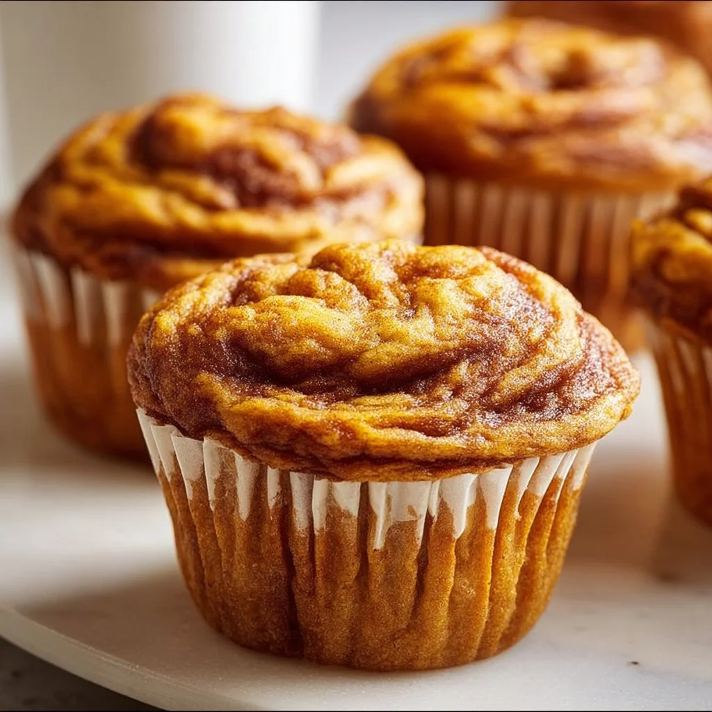 Delicious pumpkin swirl muffins with cream cheese frosting on a wooden table