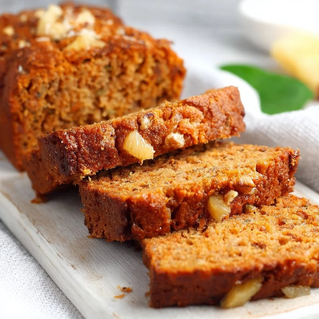 Healthy carrot cake bread loaf with pineapple on a wooden cutting board