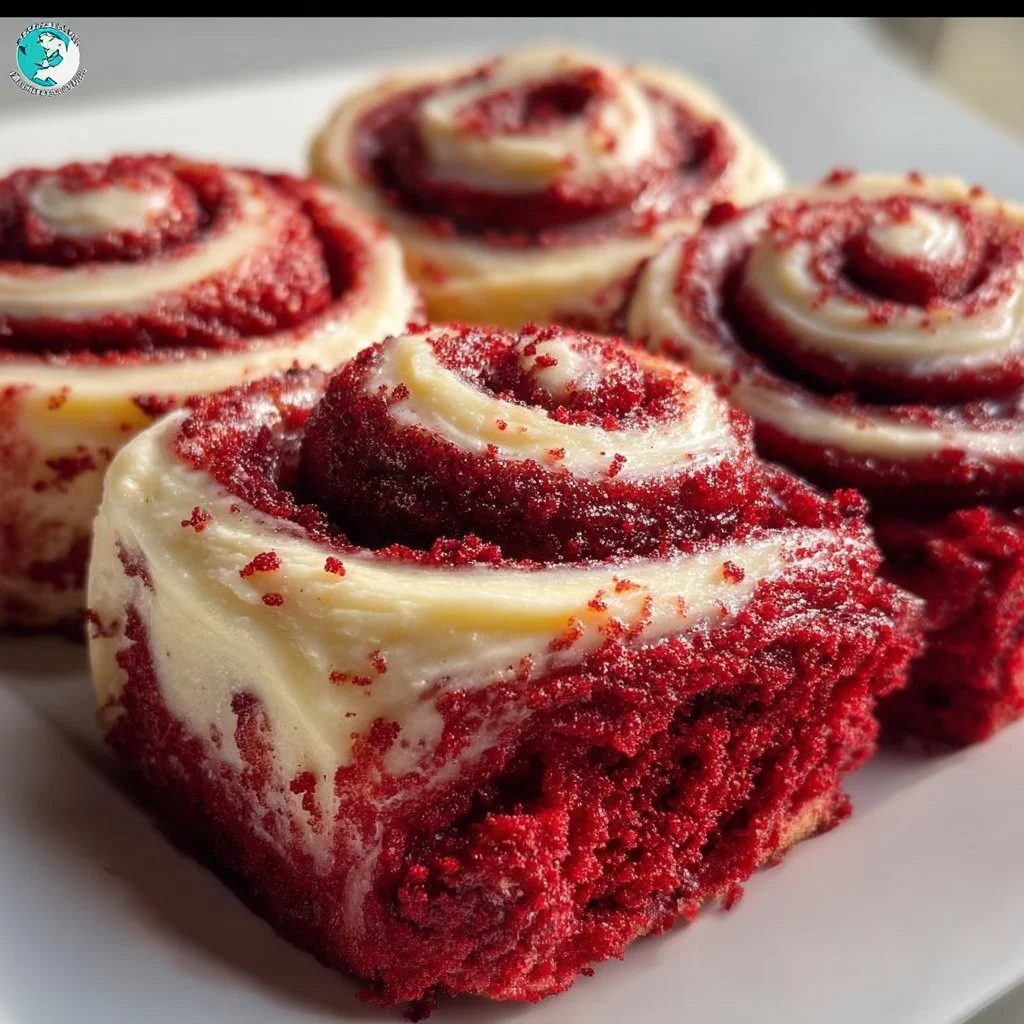 Delicious Red Velvet Cinnamon Rolls topped with cream cheese frosting