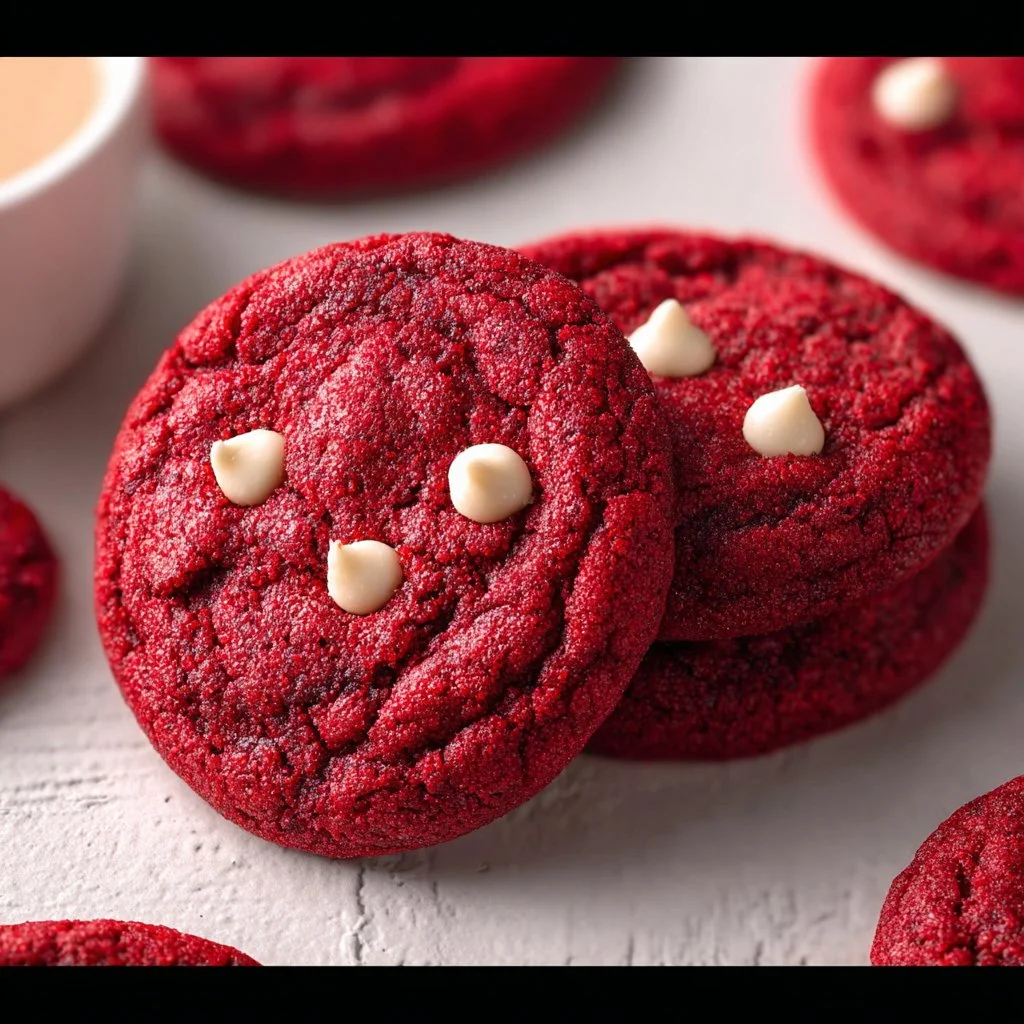 Delicious red velvet cookies with cream cheese frosting on a white plate