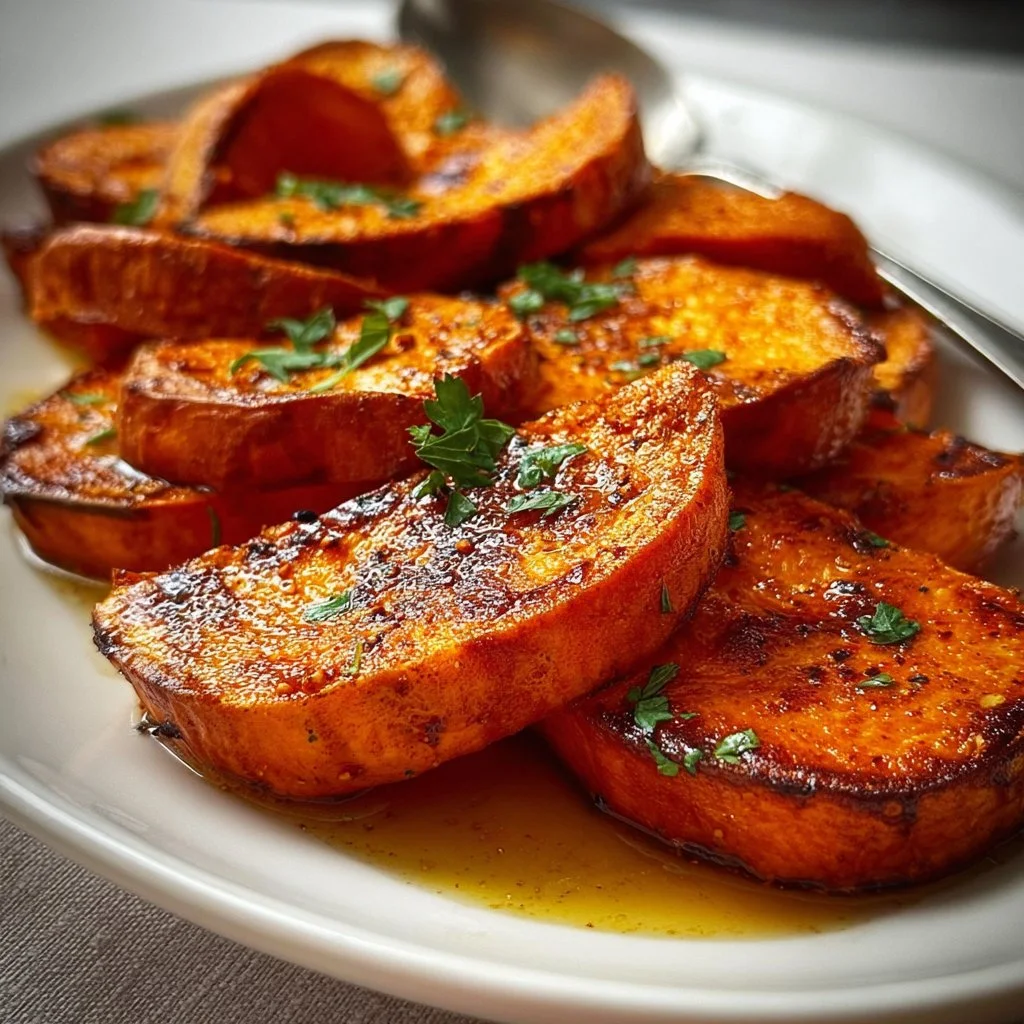 Roasted sweet potatoes topped with cinnamon and honey.