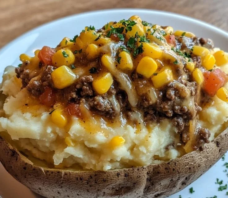 Shepherd’s Pie Baked Potato topped with creamy mashed potatoes and savory filling