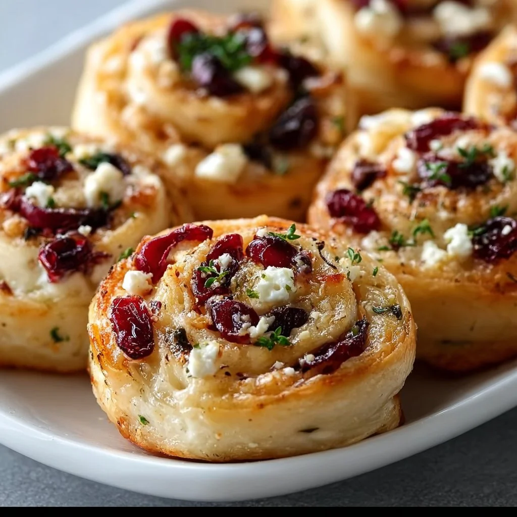 Cranberry feta pinwheels with creamy cheese rolled up on a serving platter