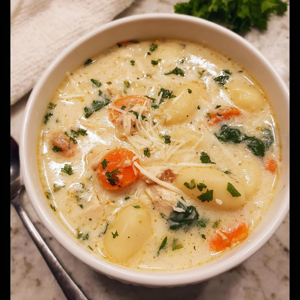 Bowl of slow cooker chicken gnocchi soup with fresh ingredients and herbs
