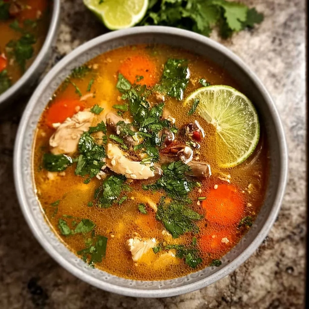 Bowl of delicious Slow Cooker Thai Chicken Soup garnished with fresh herbs.