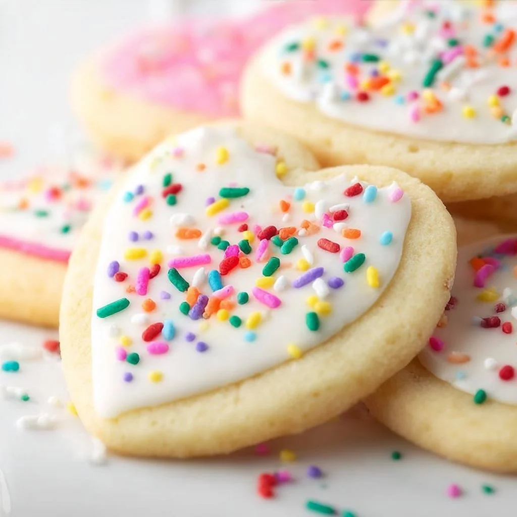 Soft cut-out sugar cookies decorated with icing on a plate